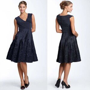 Adrianna Papell Navy V-Neck Taffeta A-Line Fit & Flare Dress, Like New, Size 14